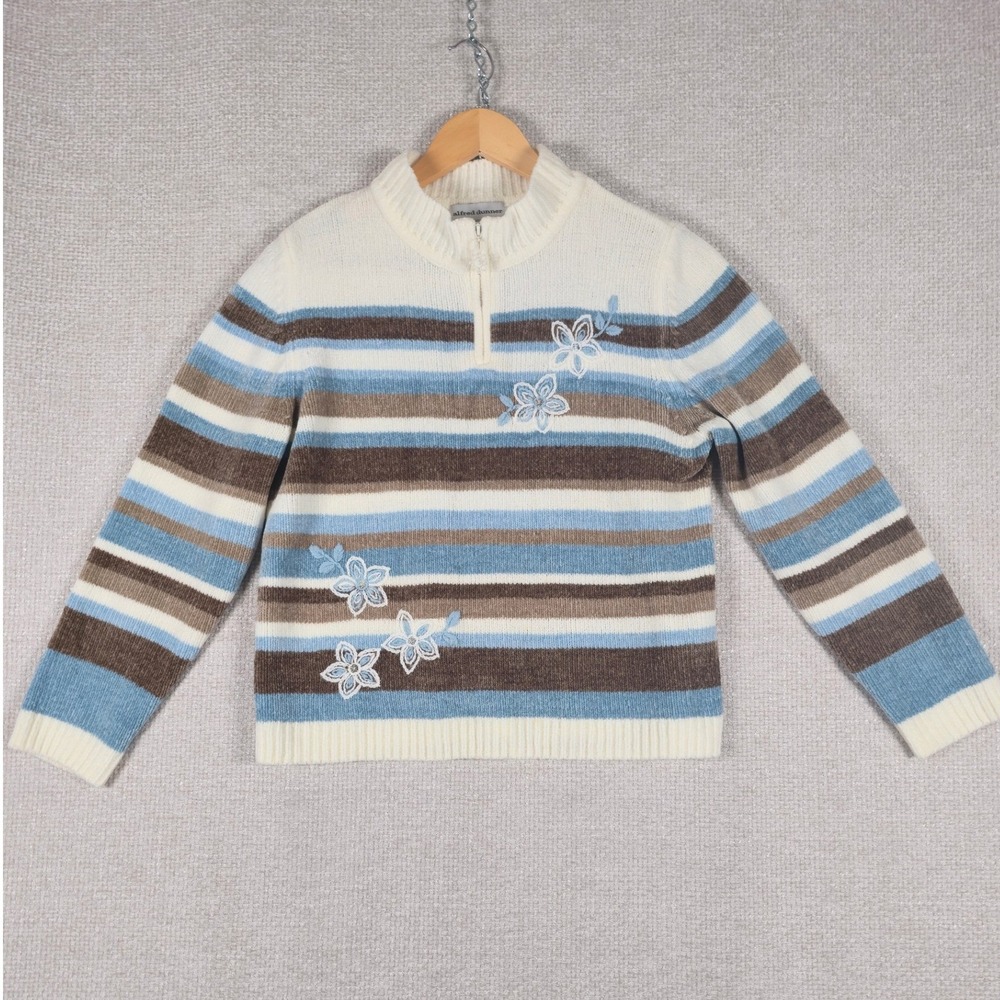 Alfred Dunner Petite‎ L Striped Chenille Sweater Blue Brown Floral Quarter Zip